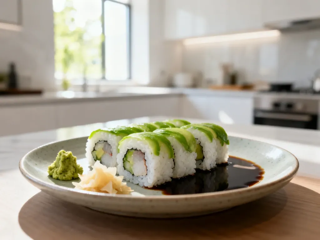 Świeży zestaw sushi na minimalistycznym talerzu w jasnej, nowoczesnej kuchni. Estetyczna prezentacja zdrowego posiłku.