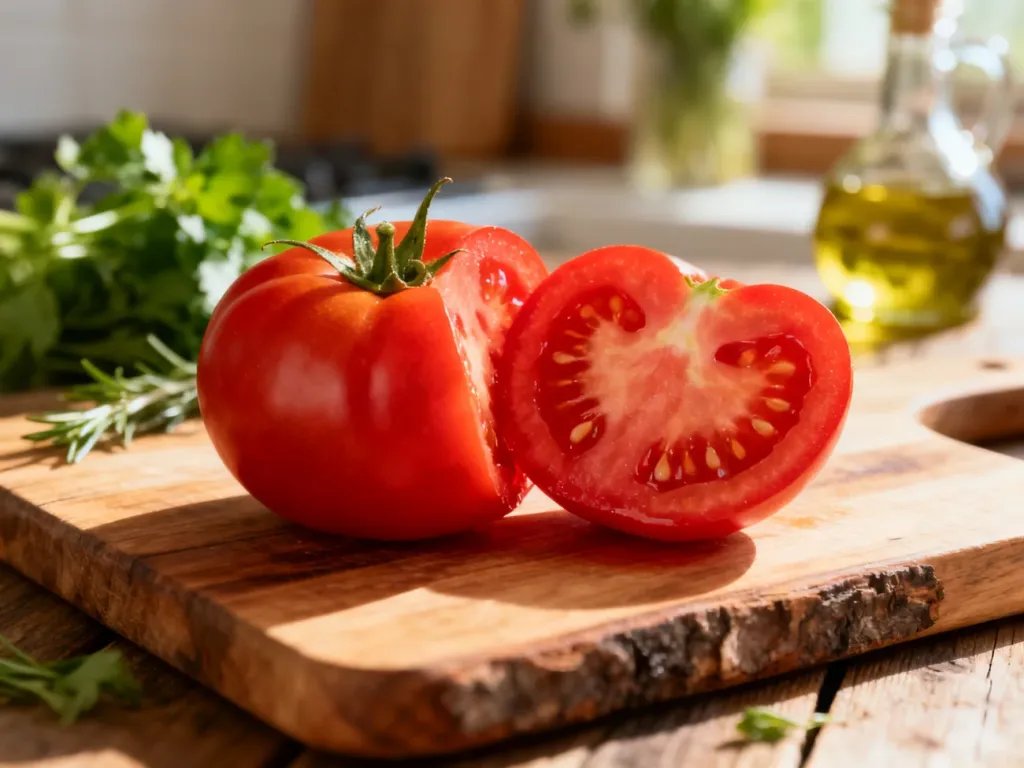 Przekrojony, soczysty pomidor na drewnianej desce w jasnej kuchni, podkreślający świeżość i naturalność produktu.