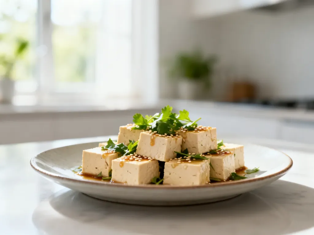 Talerz z kostkami tofu w sezamowej glazurze i świeżych ziołach, podany w jasnej, minimalistycznej kuchni.