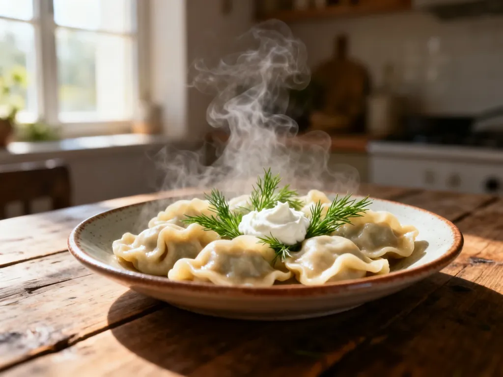 Świeżo ugotowane pierogi z koperkiem i śmietaną na ceramicznym talerzu, ustawionym na rustykalnym drewnianym stole.